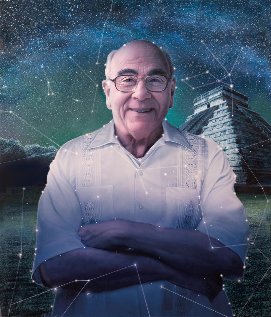 Illustration of Tony Aveni amidst constellations and a Mayan pyramid