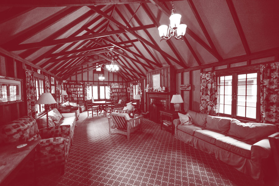 An interior view of a building with a vaulted ceiling at Colgate Camp.