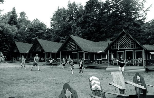 Black and white photo of the lawn at Colgate Camp