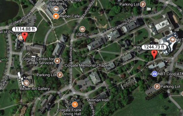 Google Map showing elevation change on campus hill from 1114.88 feet to 1244.73 feet