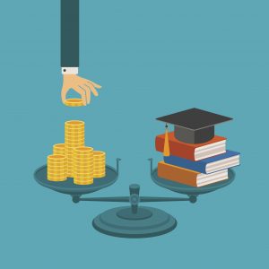 Illustration of scales balancing books and a graduation cap with a stack of money
