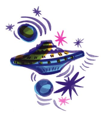 Fantastical illustration of a UFO and planets by Natalya Balnova.