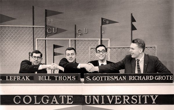 1950s Colgate quiz bowl team shakes hands