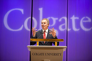 Tony Blair speaks in Colgate's Sanford Field House