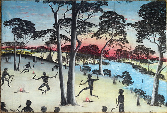 This 1949 painting by Reynold Hart is called "A Native Corroboree." It is one of the 119 indigenous artworks going from Colgate to Curtin University in Western Australia.