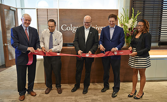 (From left) Denis F. Cronin ’69, P'09, '10, board of trustees chairman, Gary Ross, vice president and dean of admission, Dan Hurwitz '86, trustee and lead donor, Jeffrey Herbst, president, and Kori Strother '15, cut a ribbon during the June 6 dedication of The Hurwitz Admission Center.