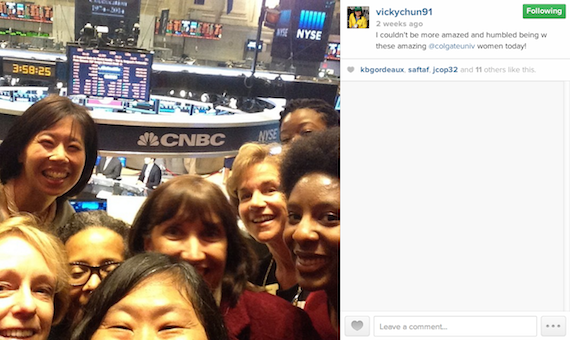 Vicky Chun '91, MA '94 Colgate Athletic Director takes a selfie at the New York Stock Exchange