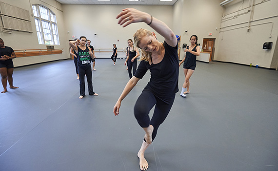 Colgate Professor Tanya Calamoneri dances during one of her classes