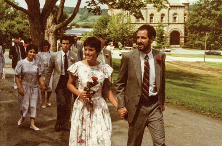 Deborah Springhorn and Steve Silver at their wedding, with James B. Colgate Hall in the background