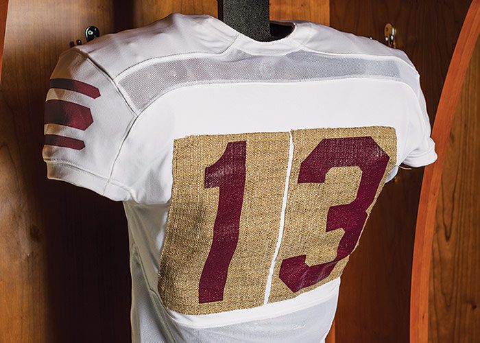 Colgate's homecoming uniform with burlap number patches