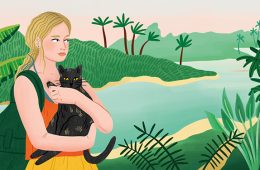 Illustration of woman holding cat before jungle scene