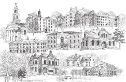black and white illustration of Colgate academic buildings