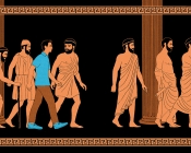 An illustration of a modern mad walking among men in robes from Ancient Greece