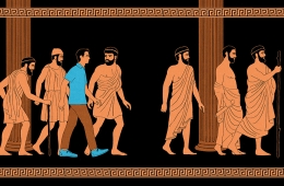An illustration of a modern mad walking among men in robes from Ancient Greece