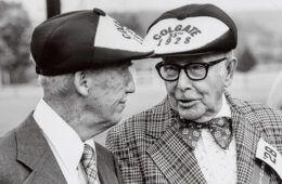 black and white image of two alumni talking
