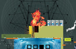 collage illustration of a networked abstract globe, fire, water, a countdown clock, and wires