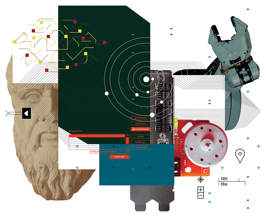 a collage illustration of a grecian bust, a wrench, gears, planetary orbits, grammar correcting apps, and a location icon