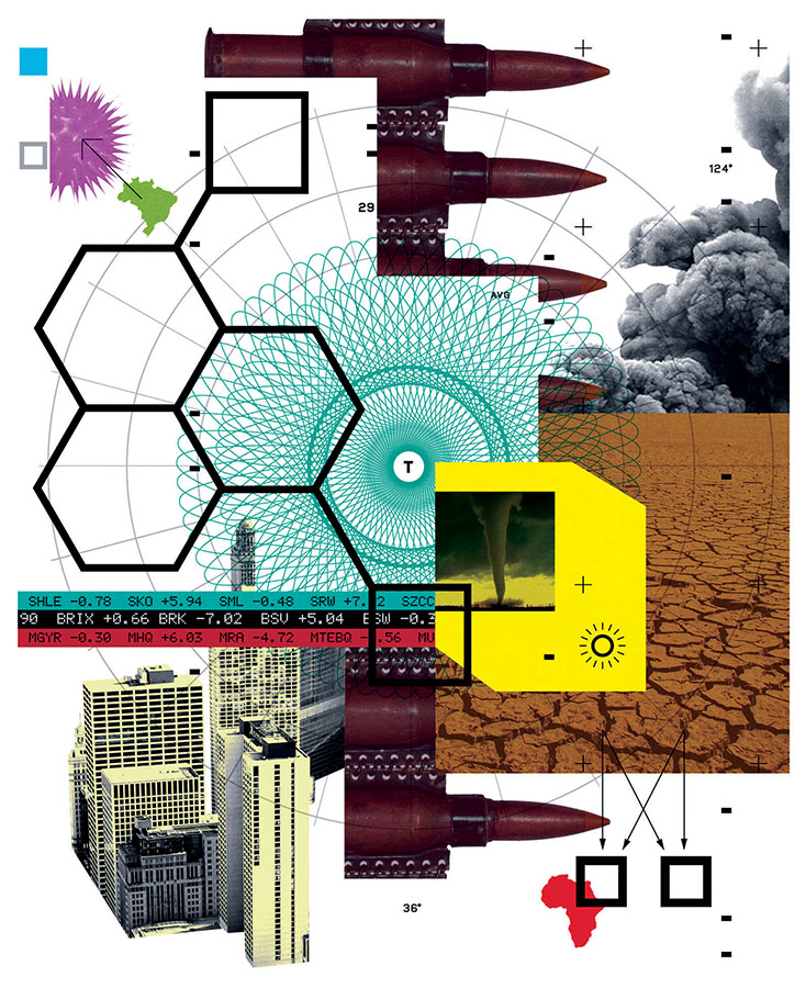 collage of misiles, hexagonal chemical bonds, a cracked desert, bacteria and viruses, city buildings, and billowing smoke clouds