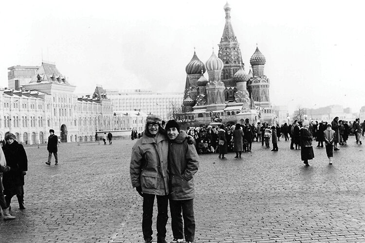 Richard Sylvester (left) with his partner, Vasya, in Moscow's Red Square