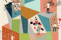 flat colorblocked illustration of irregular geometric shapes with people inside moving "data" represented by boxes and connected dots