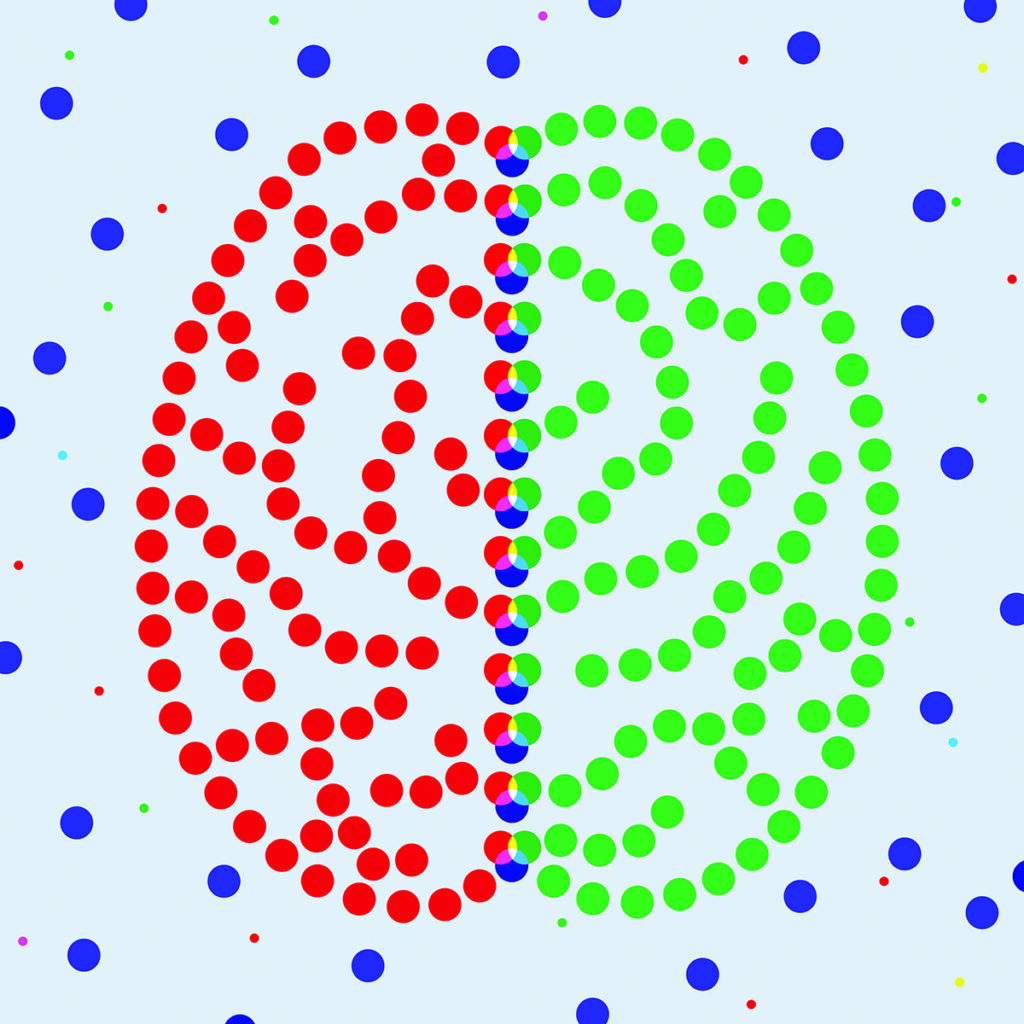 Artistic representation of a brain — created with a series of Red, blue, and green circles.
