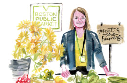 Illustration of Carrie DeWitt at a farmers market