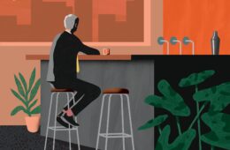 Illustration of man sitting at a bar alone