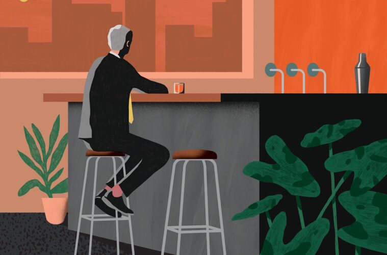 Illustration of man sitting at a bar alone