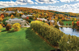 Aerial view of the Colgate campus and Taylor Lake during fall