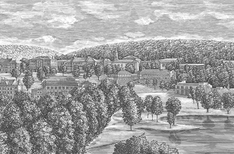 A landscape etching of Colgate University