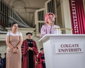 Hilary Almanza '22 and Quang Anh Ngo Tran '22 address the audience