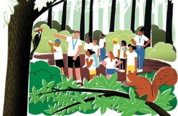 Illustration of a group of young people in the forest