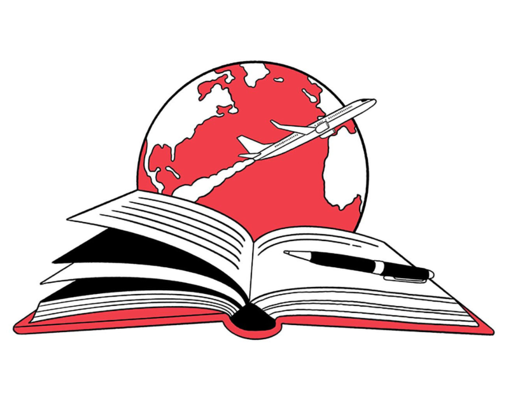 Illustration of a book with a globe and airplane