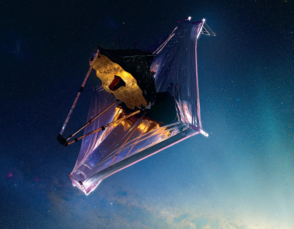 James Webb Space Telescope floating in space, artist conception.