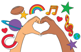 Illustration showing two hands joined together to make a heart. Surrounded by symbols like music note, star, earth, planet, football, and rainbow.