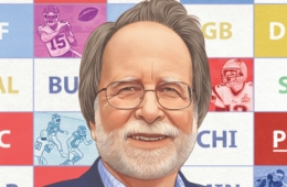 Illustration of Howard Katz with a background of NFL teams and names in squares