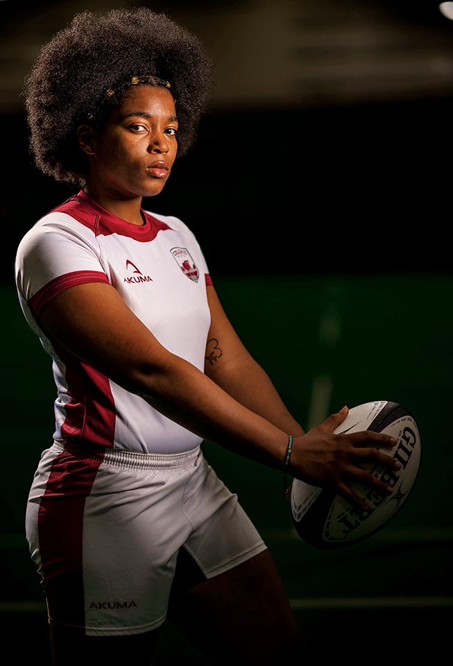 Zja’Kyla Brumfield ’26 is a first-year student and competes in rugby, pictured in Sanford Field House March 6, 2023. Photo by Mark DiOrio