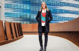 Colgate alumna Cory Berg stands on campus at Northeastern University