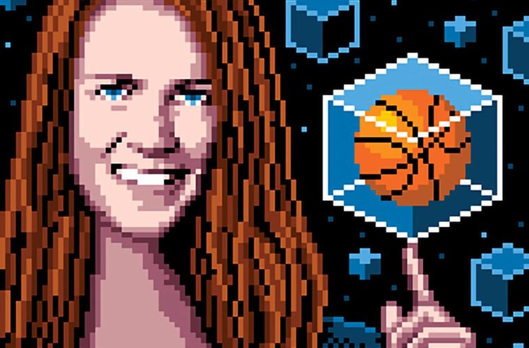 Pixelated illustration of alumna balanciing a basketball on her finger