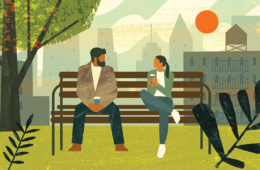 Illustration of two people having a conversation on a park bench with coffee.