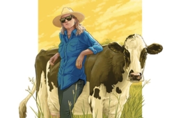 woman leans back, posing with cow, in illustration