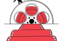 Illustration of a film reel behind a hill with a film strip leading to it like a red carpet