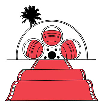Illustration of a film reel with a red carpet film strip leading to it