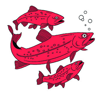 Illustration of three red fish swimming together.