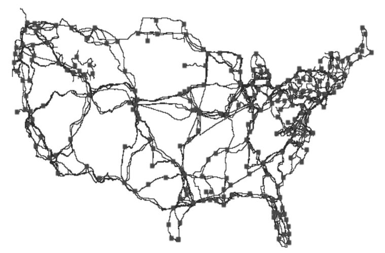 Line map in shape of the United states showing location of physical conduits for networks