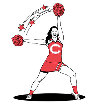 A cheerleader in Colgate uniform with pom poms