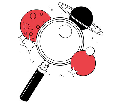 Illustration of a magnifying glass with planets around it