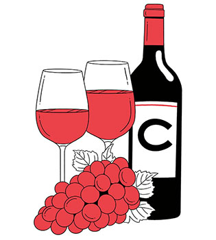 Illustration of a wine bottle with Colgate logo and grapes