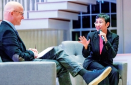 Nobel Peace Prize winner Maria Ressa (right) delivered a talk on stage moderated by Professor Alexander Karn (left).