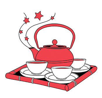 Illustration of a tea pot with three cups on a tray.